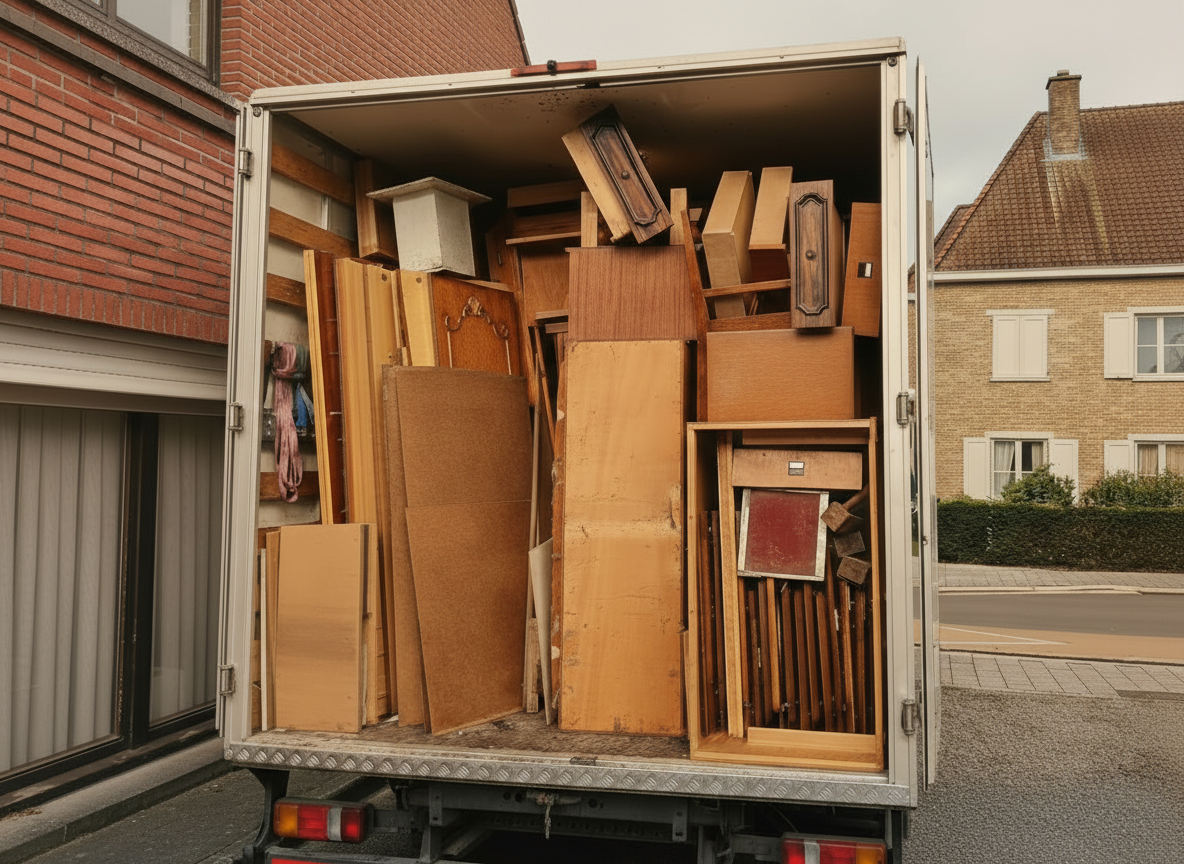 Verhuiswagen volgeladen met kasten en meubels tijdens het leegmaken van een magazijn